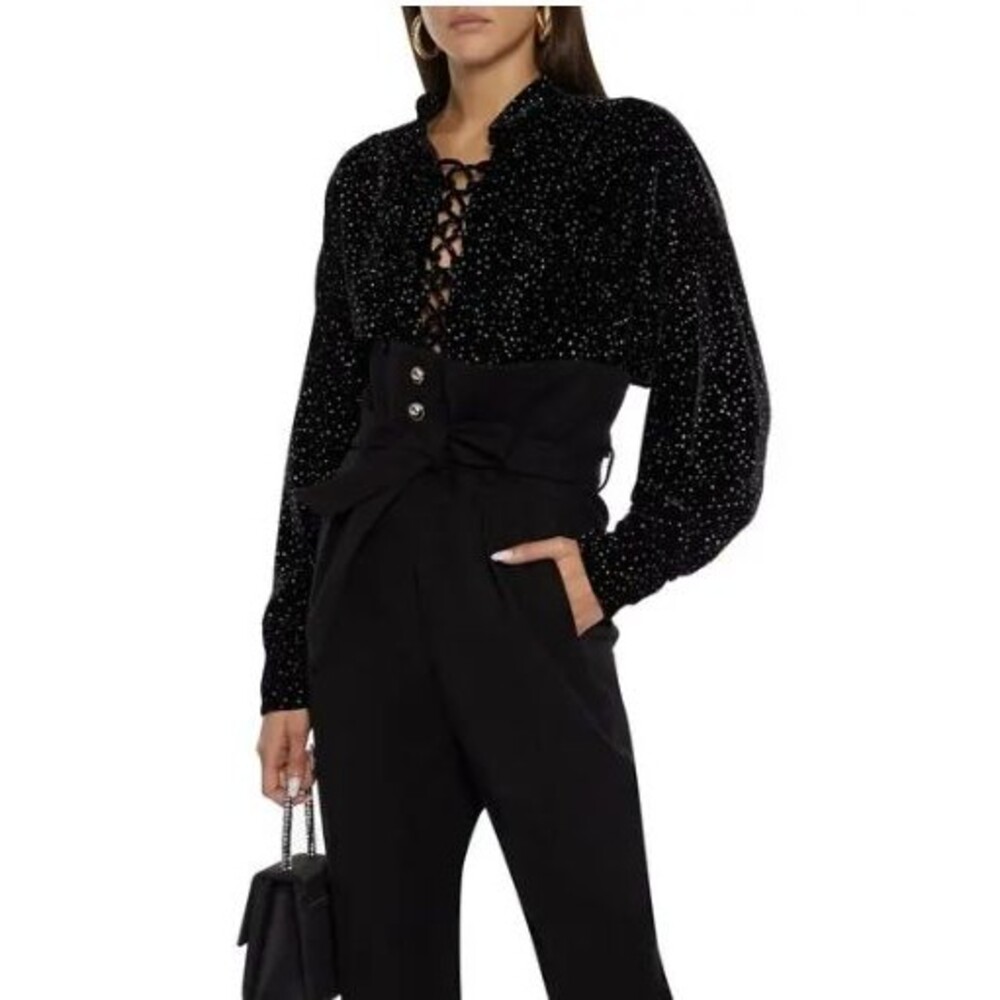 IRO Paris Tepita Lace-Up Glitter Velvet Top Women US 6 Small Black Whimsigoth
